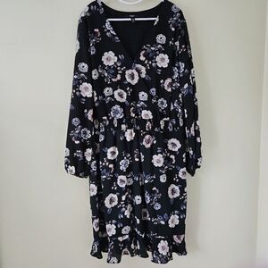 Aqua Curve Dress 2X Floral Smoked Waist LS Midi Ruffle Hem Lined V Neck USA Made